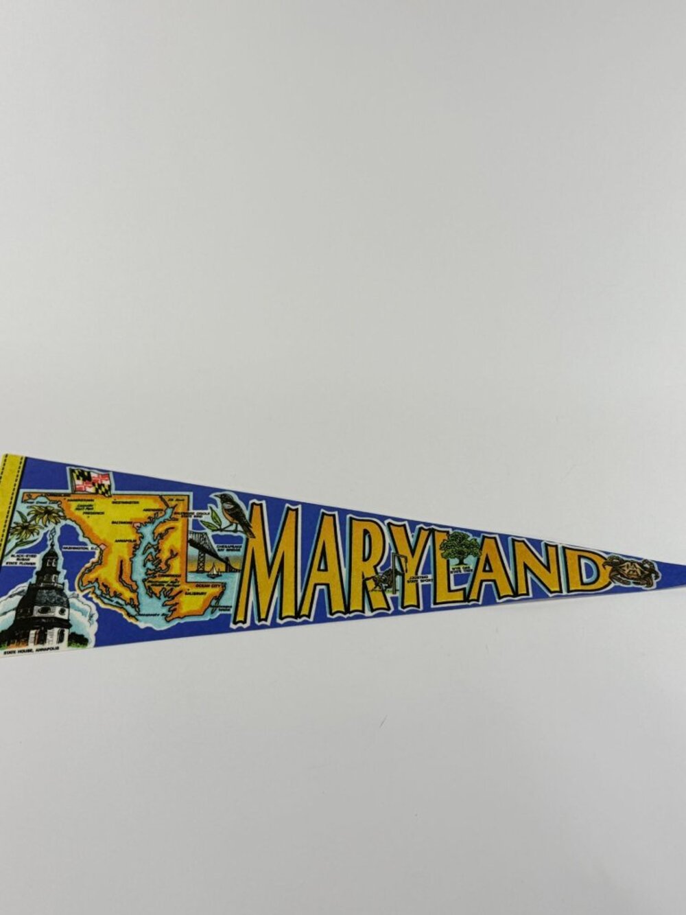 Vintage Maryland Souvenir Felt Pennant Blue & Yellow State Map Design